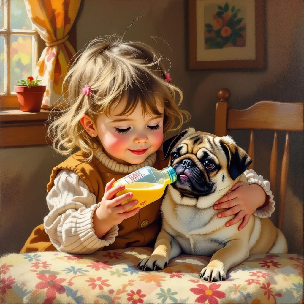 Child Feeds Pug in Pop Surrealist Style