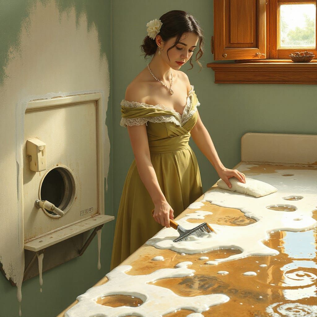 Nostalgic Woman Cleans in Rockwell Style