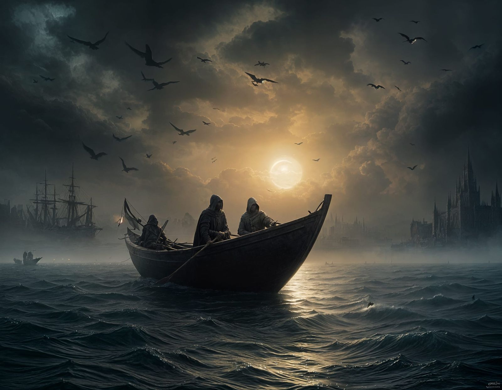 Grim Reaper Ferrying Souls Across the River