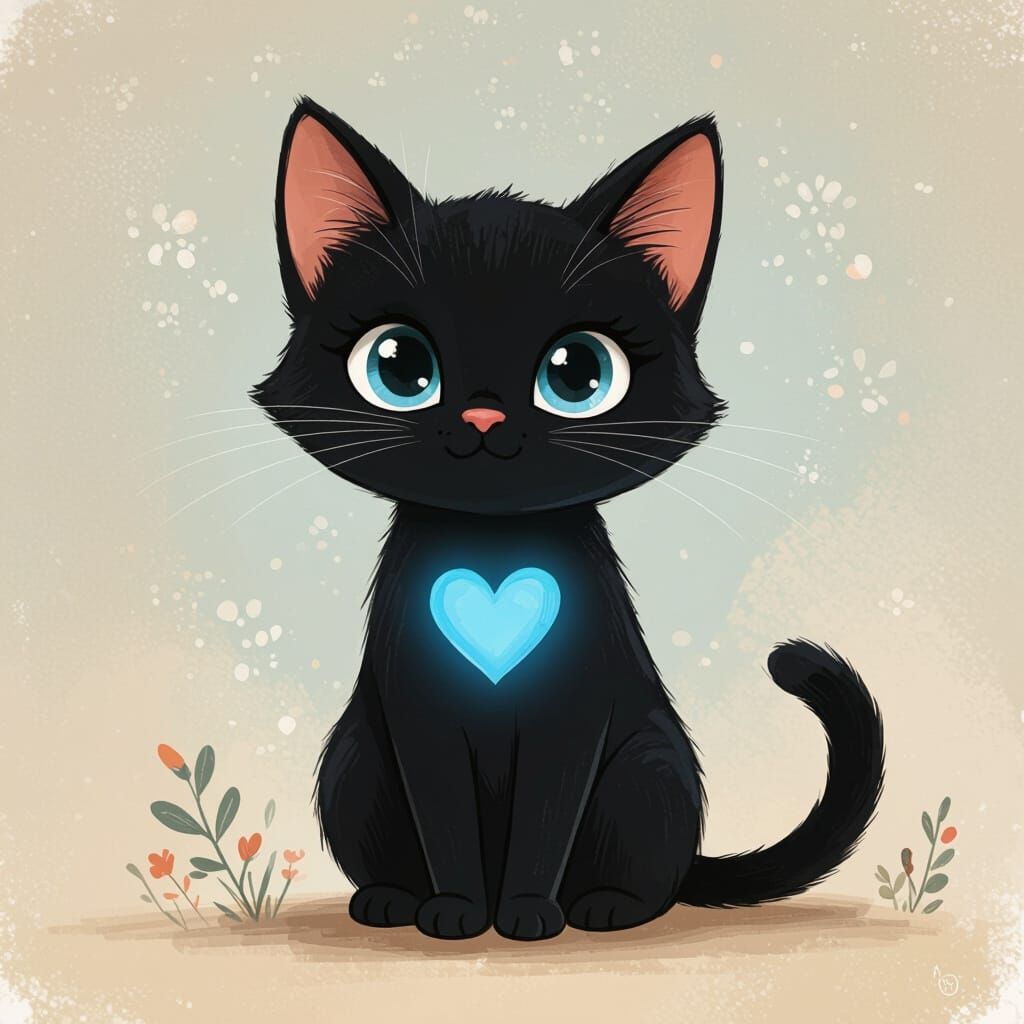 Adorable Blue Heart Cat in Soft Pastel Illustration Style