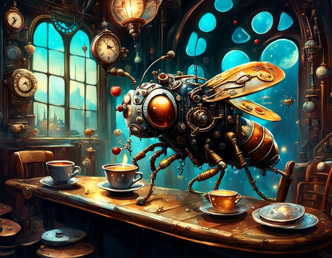 Steampunk Fly in Outerspace Cafe Digital Painting