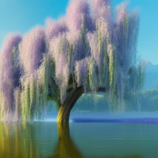 Beautiful willow tree with lake on the side& Blue rosebushes& lavender bushes& Beautiful background& ethereal vibes& mag...