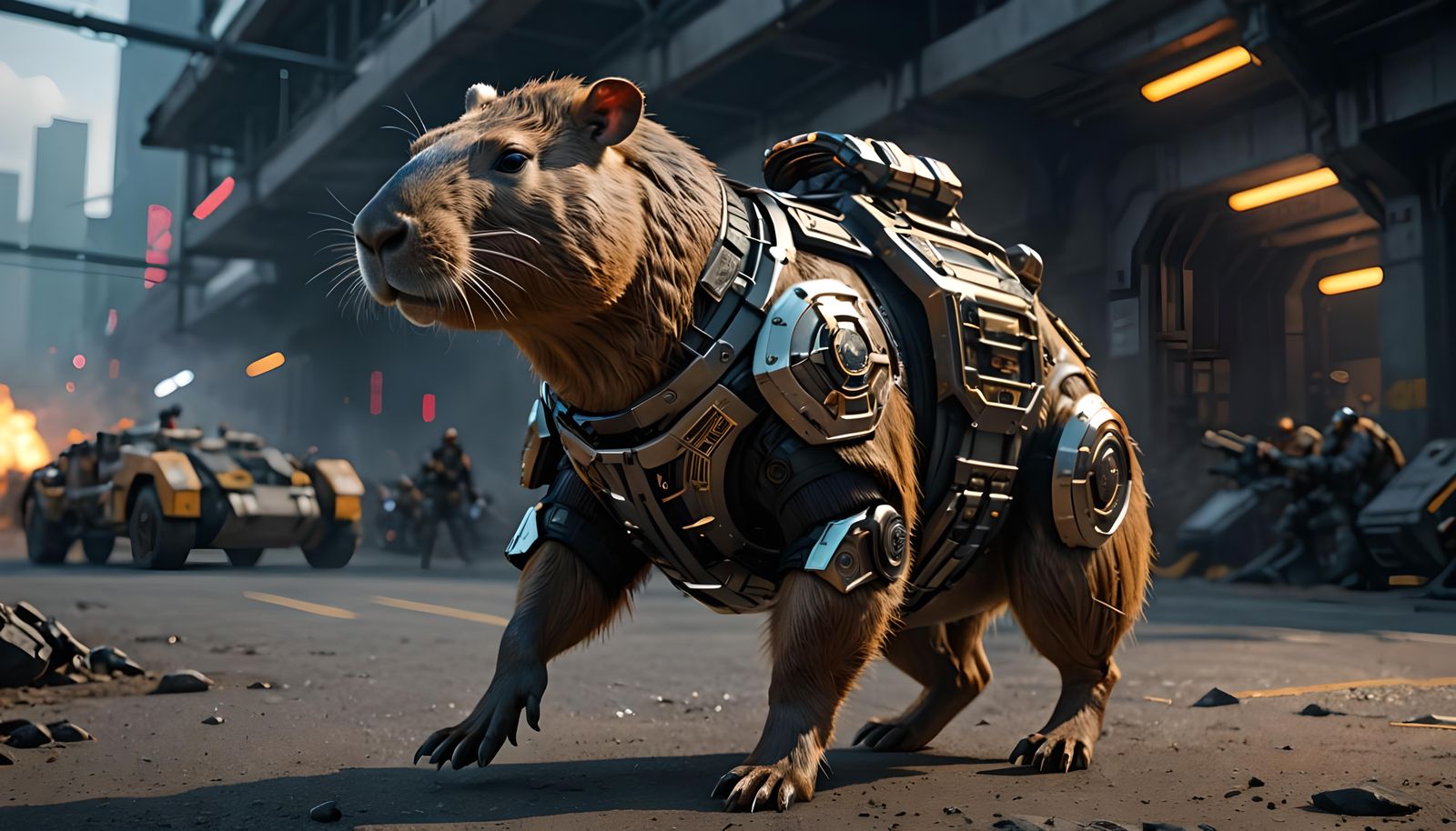 Capybara in Exoskeleton Armor on Battlefield