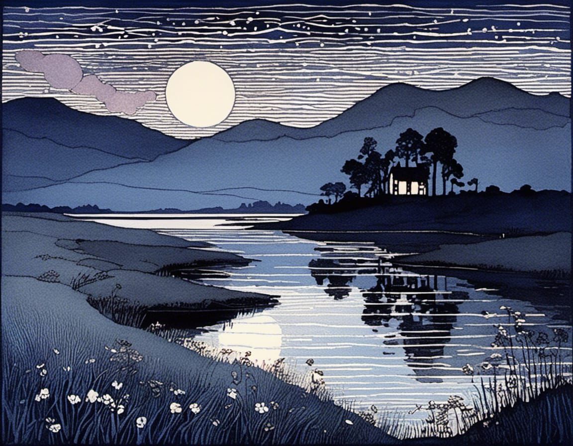 Night Landscape as Hand-Coloured Linoprint