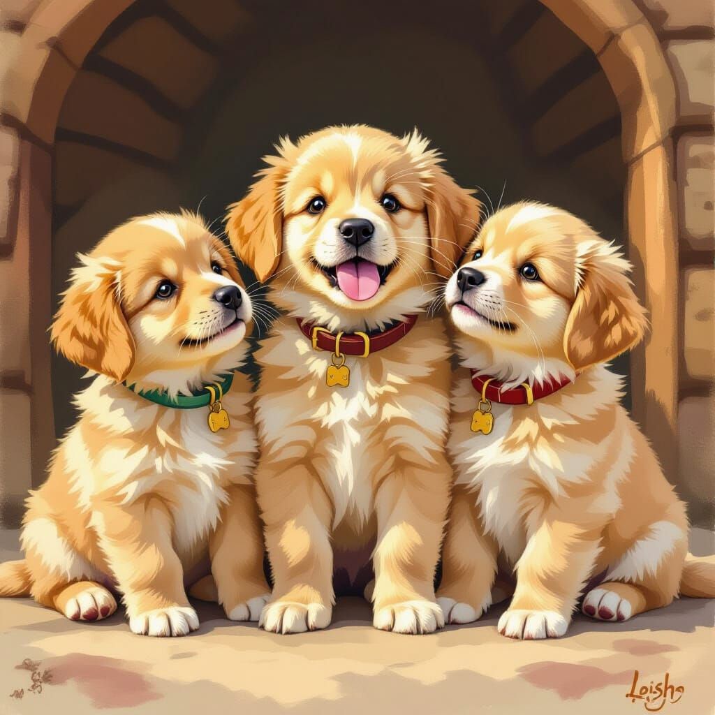 Adorable Golden Retriever Puppies Begging: Whimsical Illustr...