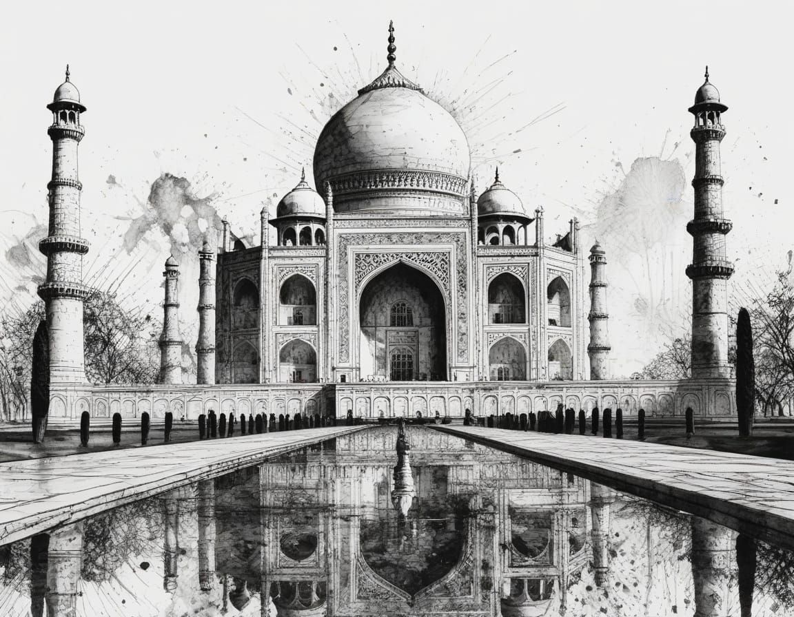 Taj Mahal: Detailed Ink Drawing with Alcohol Ink