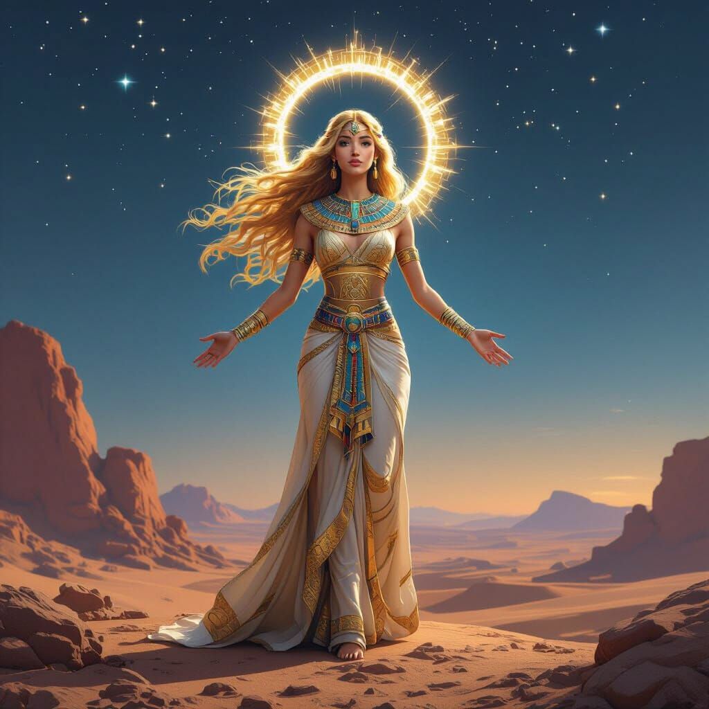 Egyptian Queen on Rocky Outcrop Under Full Moon