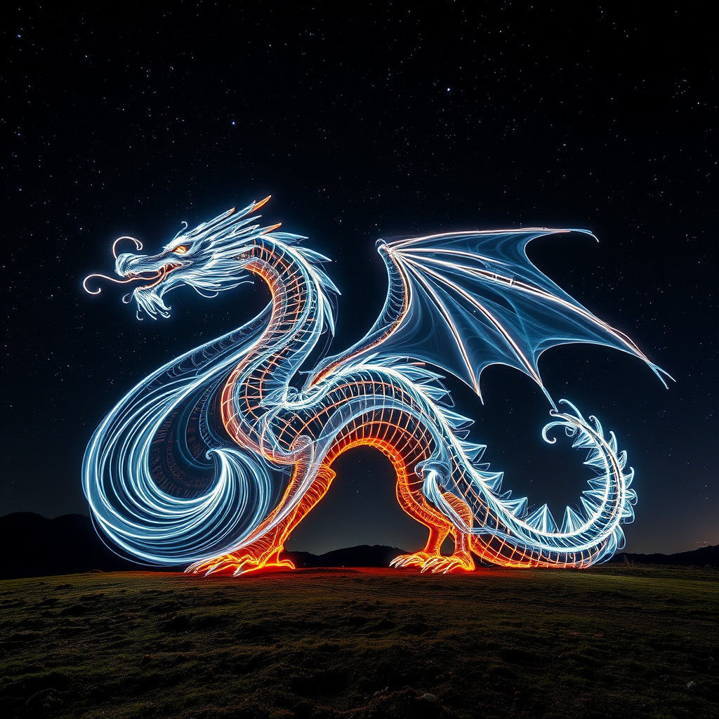 Ethereal Dragon Made of Light Trails in Starry Sky