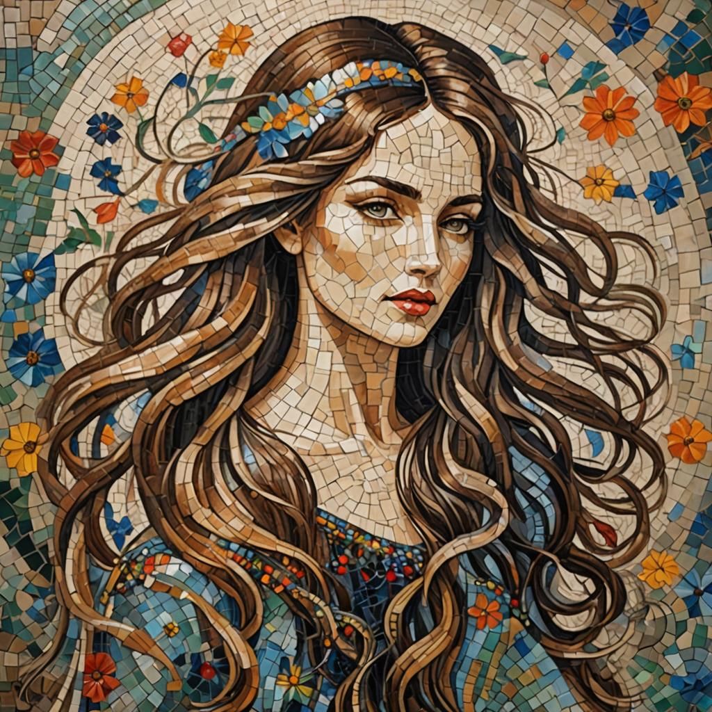 Woman with Long Hair in Mosaic Old Master Canvas