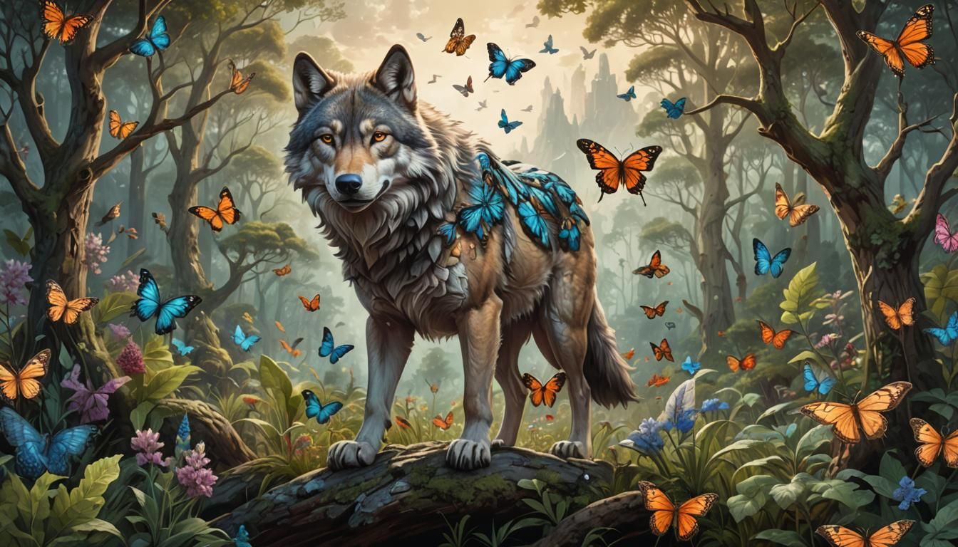 Surreal Wolf-Butterfly Hybrid in Nature