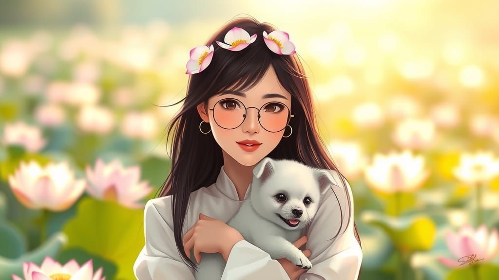 Youthful Asian Woman Surrounded by Lotus Blooms in Peaceful ...