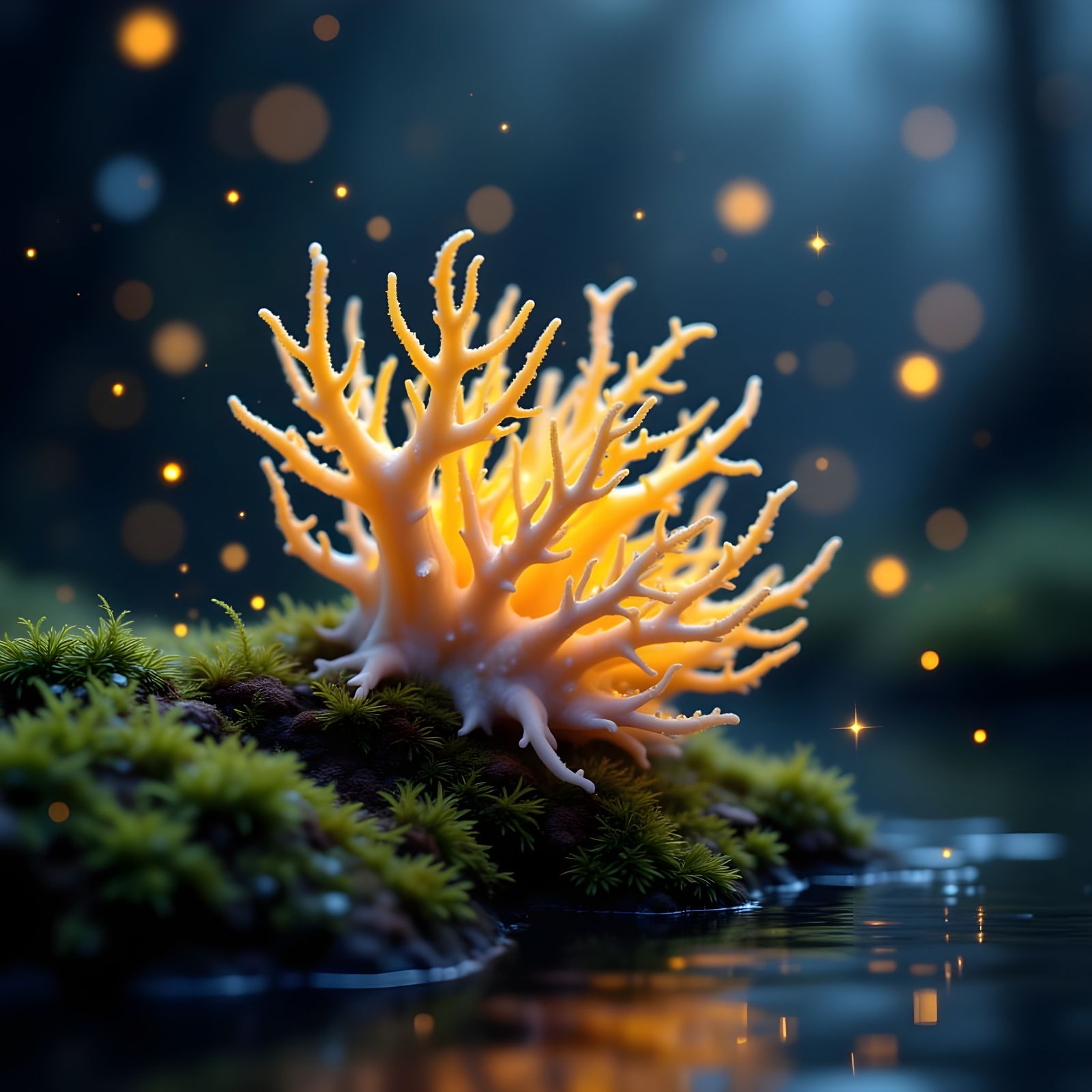 Bioluminescent Coral Mushroom with Fireflies