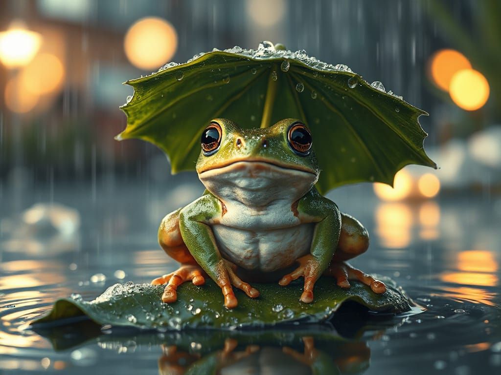 Cute Frog Holding Leaf Umbrella in Soft Rainy Light