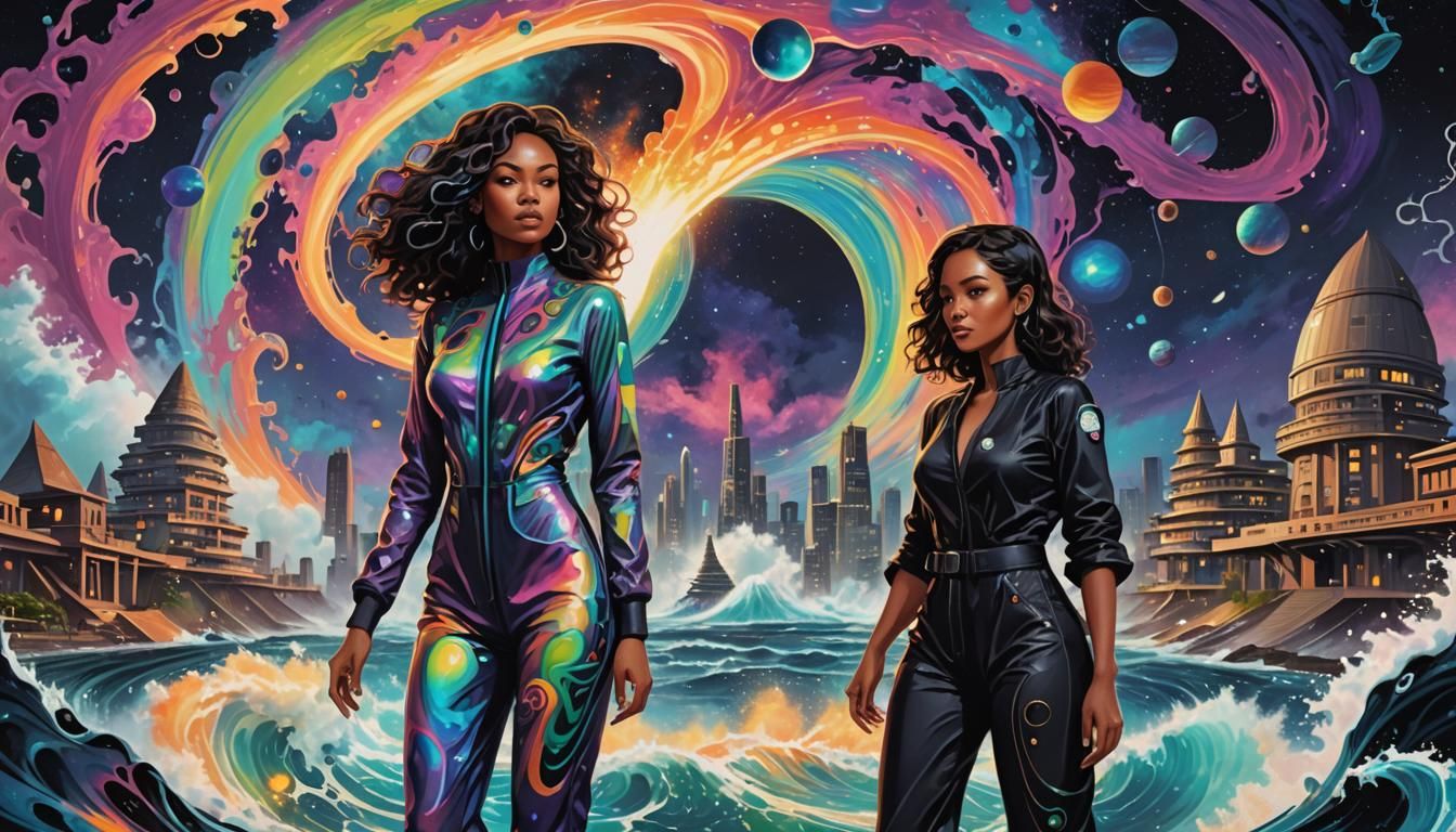 Iridescent Jumpsuit and Black Hole in Retro Sci-Fi Style