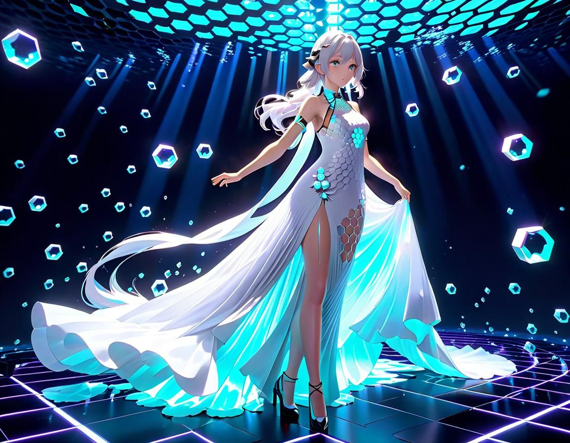 Honeycomb Dress in Flowing UV Light: 3D Anime Art