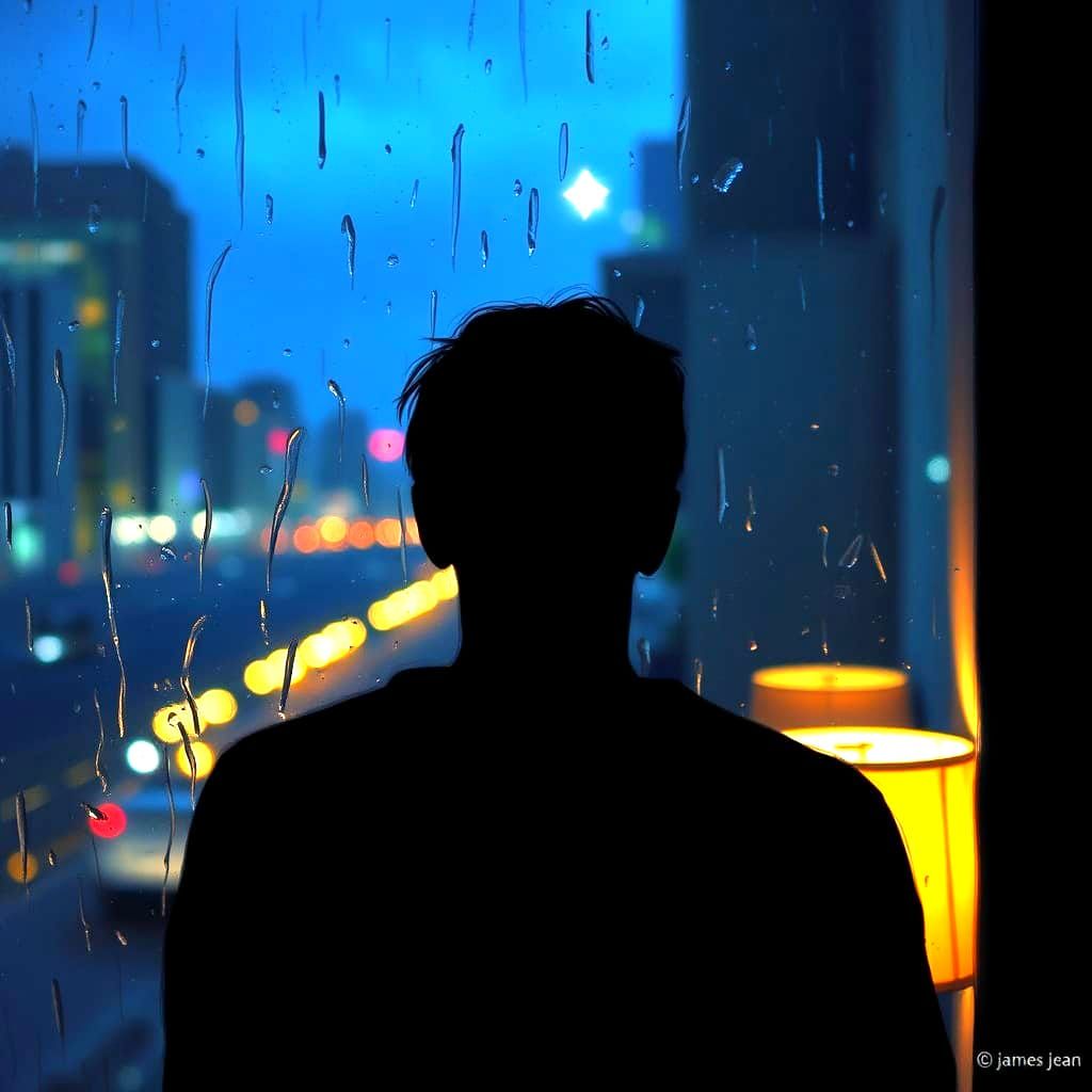 Rain-Slicked Window Reflection in Impressionistic Style