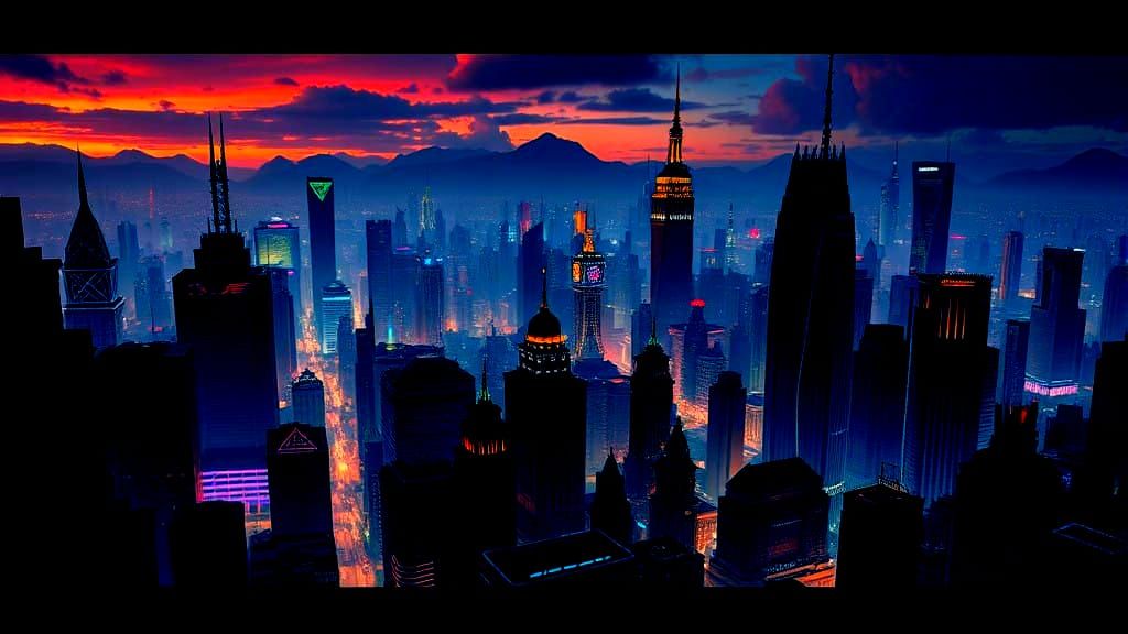 Cyberpunk Metropolis in Deep, Fantastical Color