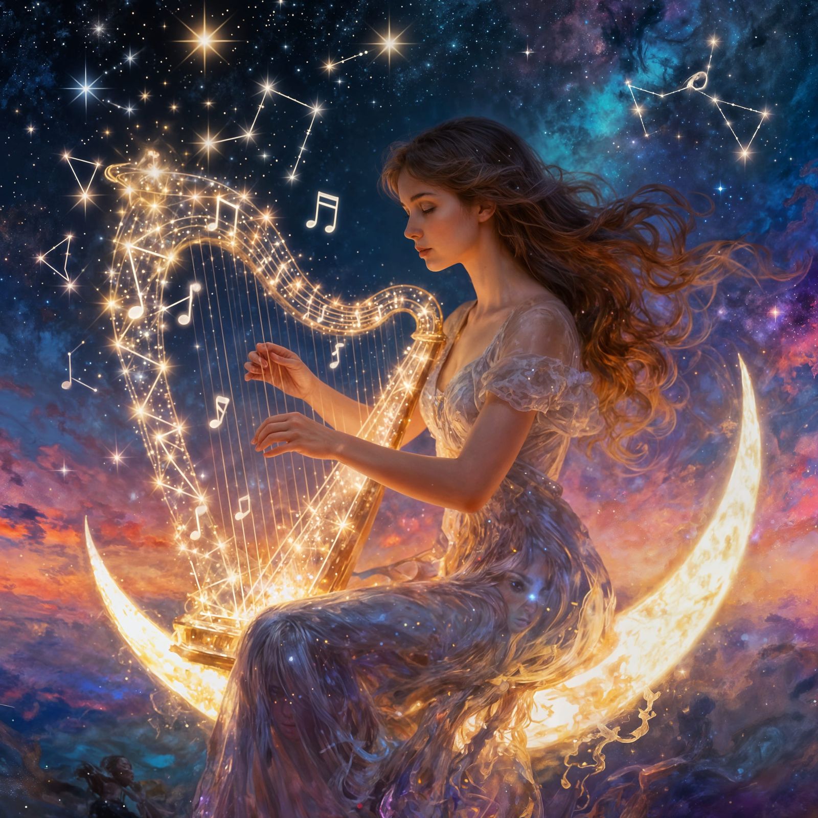 Celestial Harpist: Woman Plays Constellation Harp Amidst Rad...