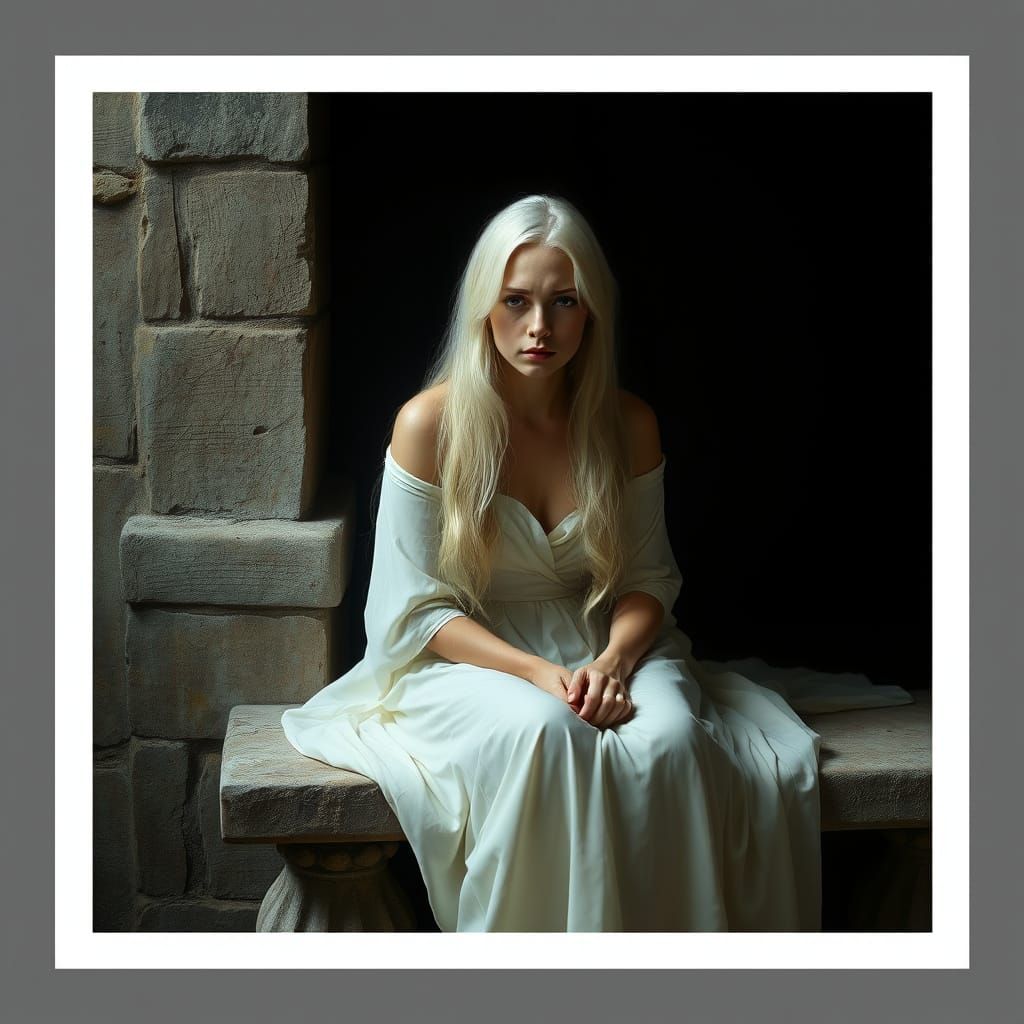 Ethereal Woman in Muted Earth Tones Descends into Darkness