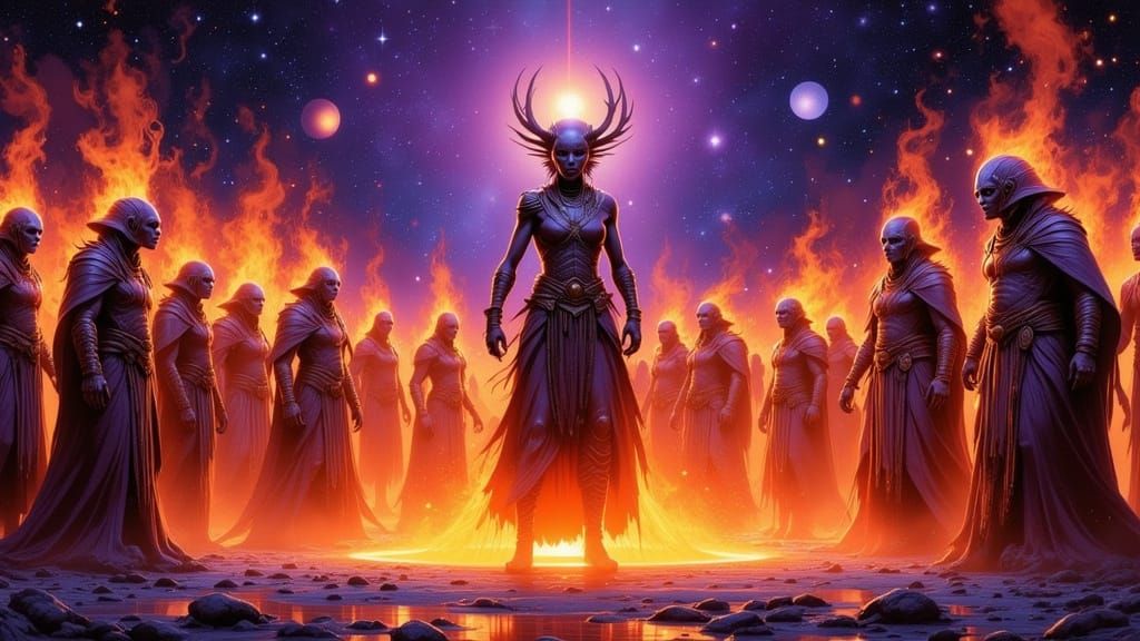 Alien Shaman Leads Fire Dance Under Nebulae Sky