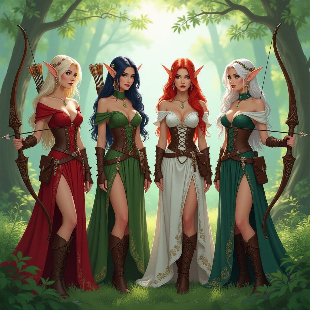 Elves Archers in Forest, Whimsical Fantasy Art