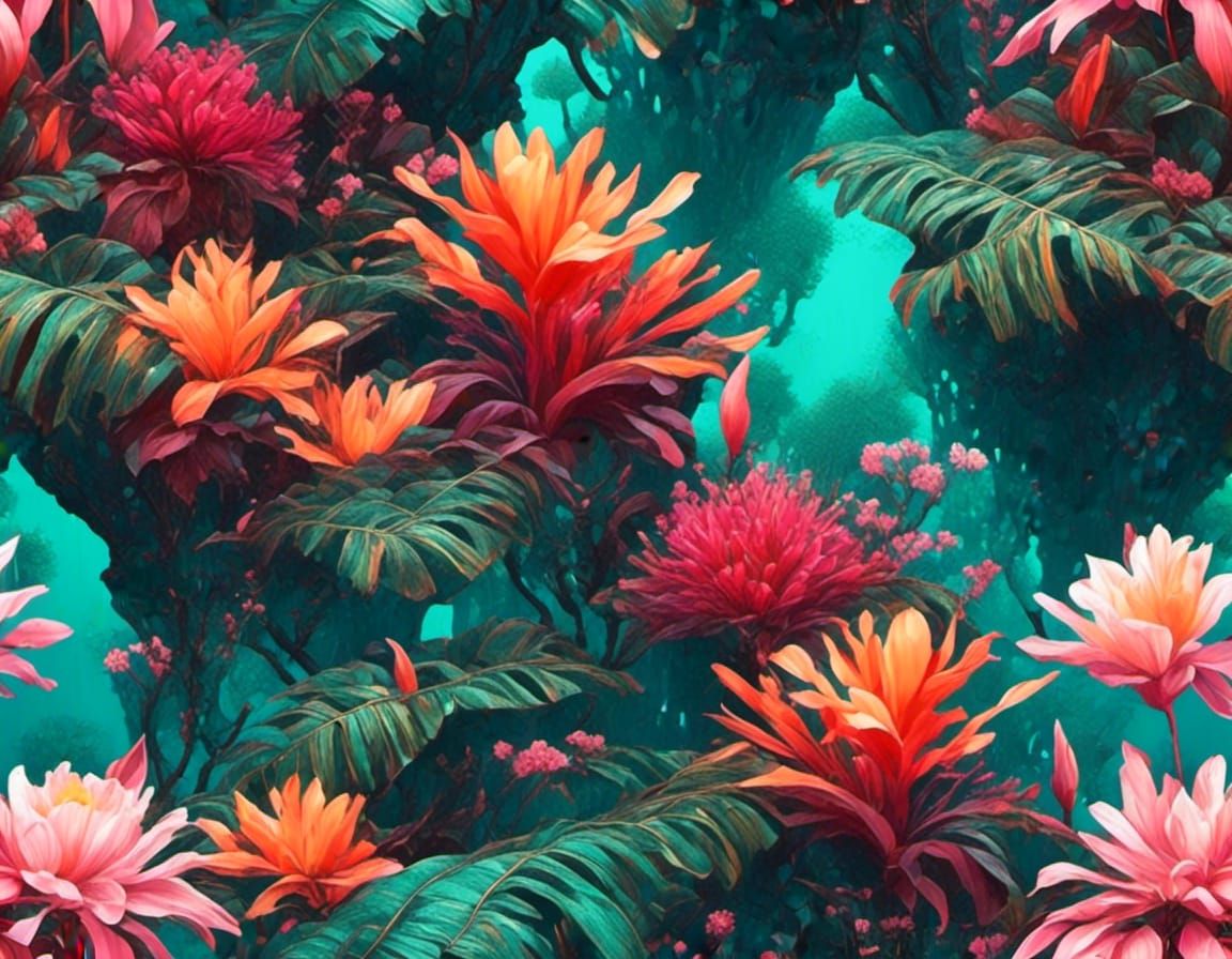 Tropical Waterfall Seascape Masterpiece in Impasto Style