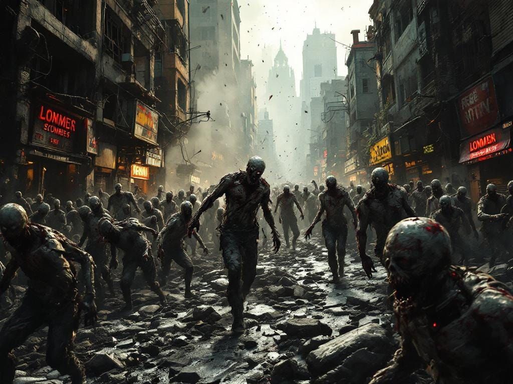 Zombie Horde in Destroyed City: Hyperrealistic Horror