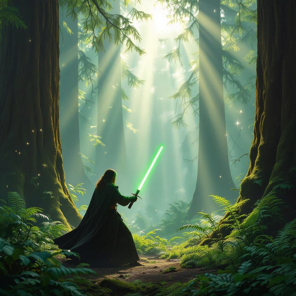 Jedi Knight Training in Hoh Rainforest with Green Lightsaber