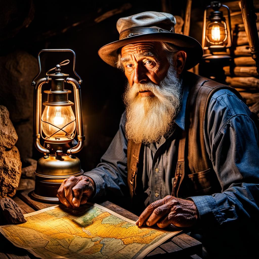 An old gold prospector holds a map of the mine in his hands