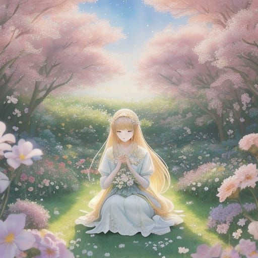 Whimsical Anime Girl in a Star-Shaped Flower Garden