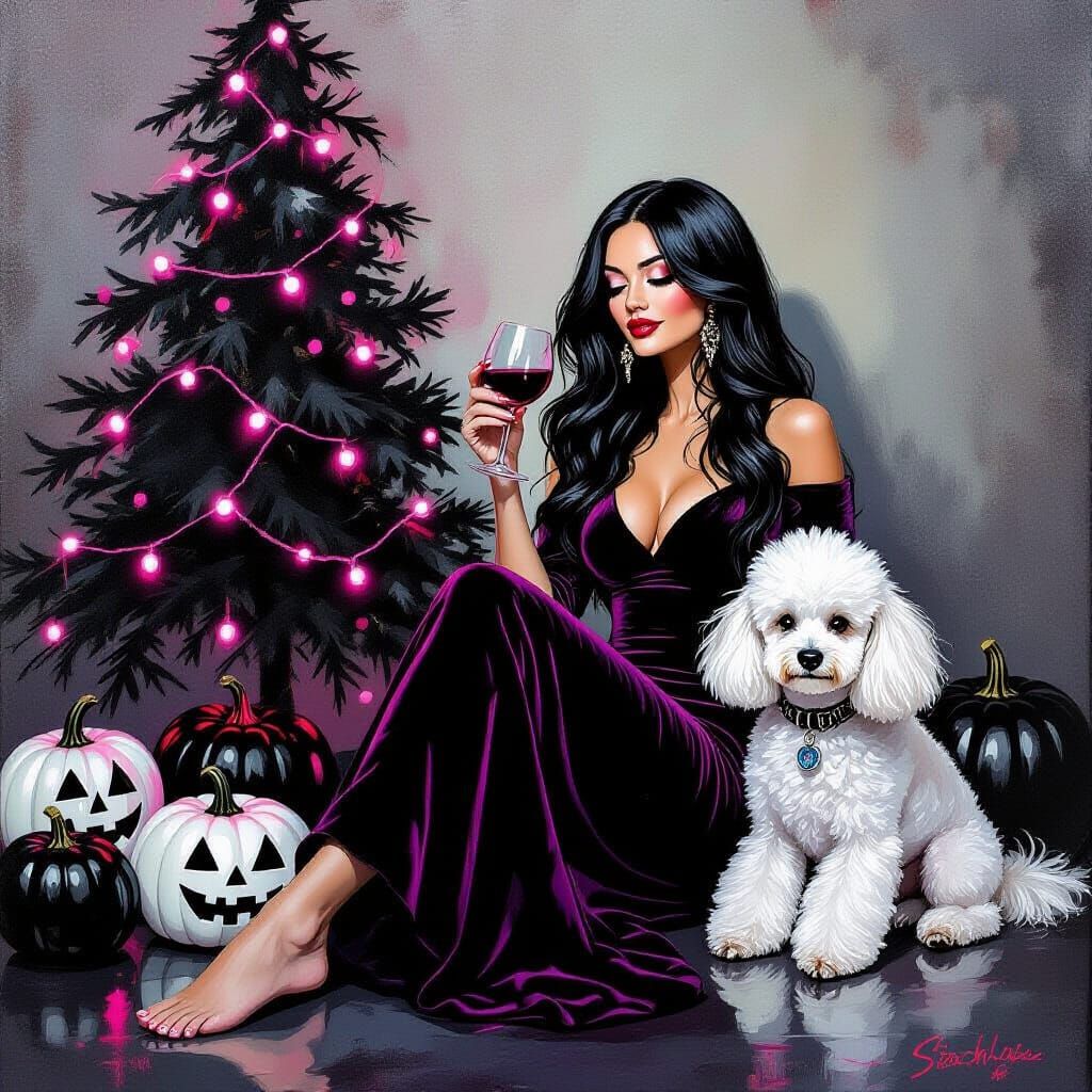 Sassy Lady with Halloween Tree, Expressive Oil