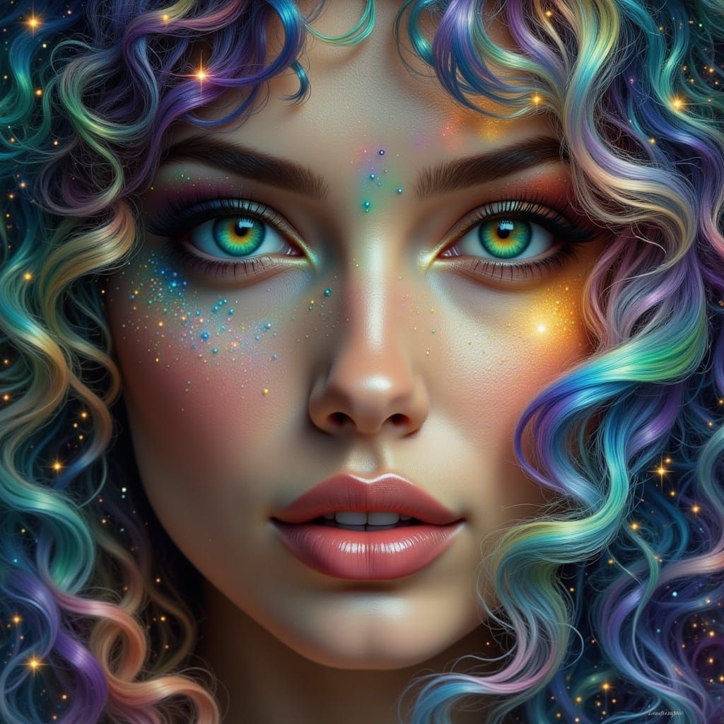 Glamorous Woman Merges with Celestial Nebula