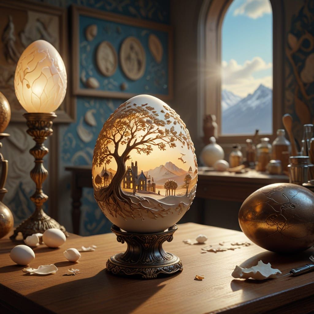 Surreal Eggshell Masterpiece in Golden Light