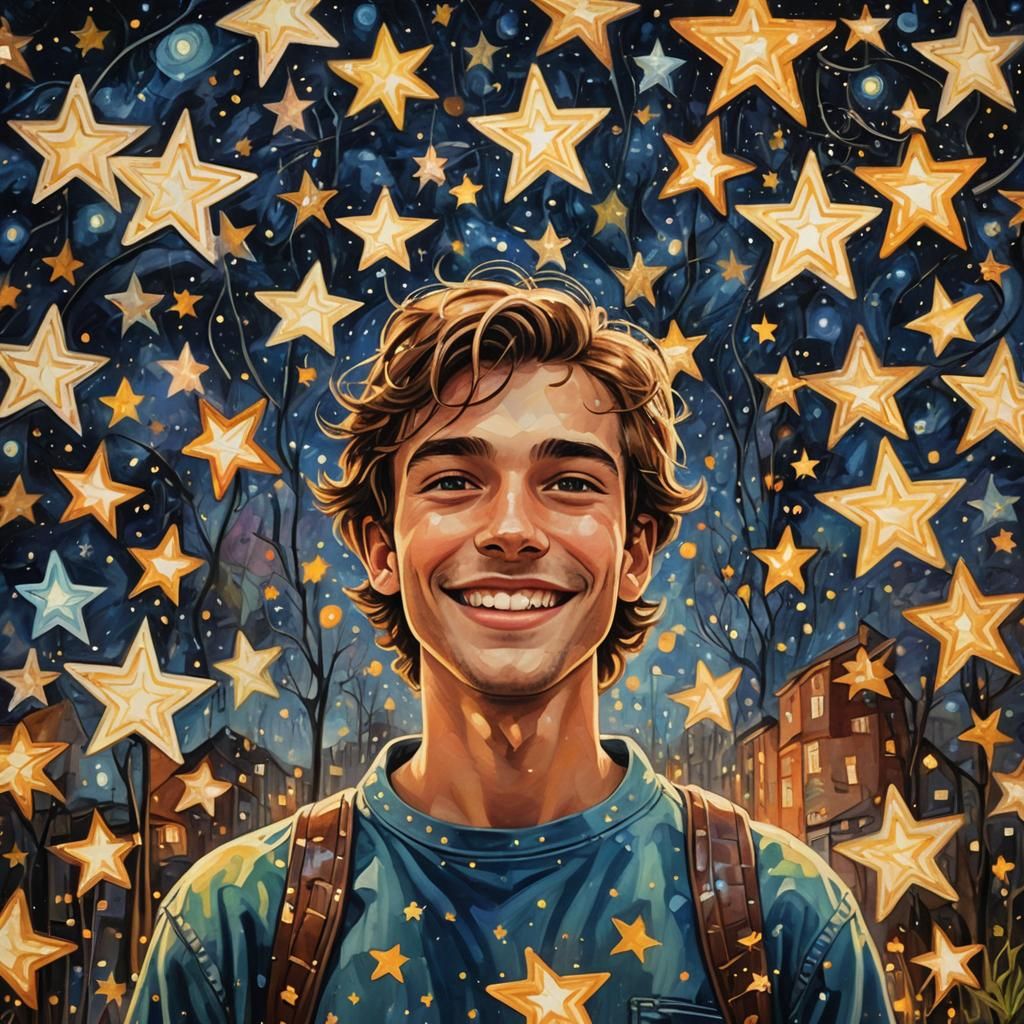 Surreal Young Man Walks in Starry City