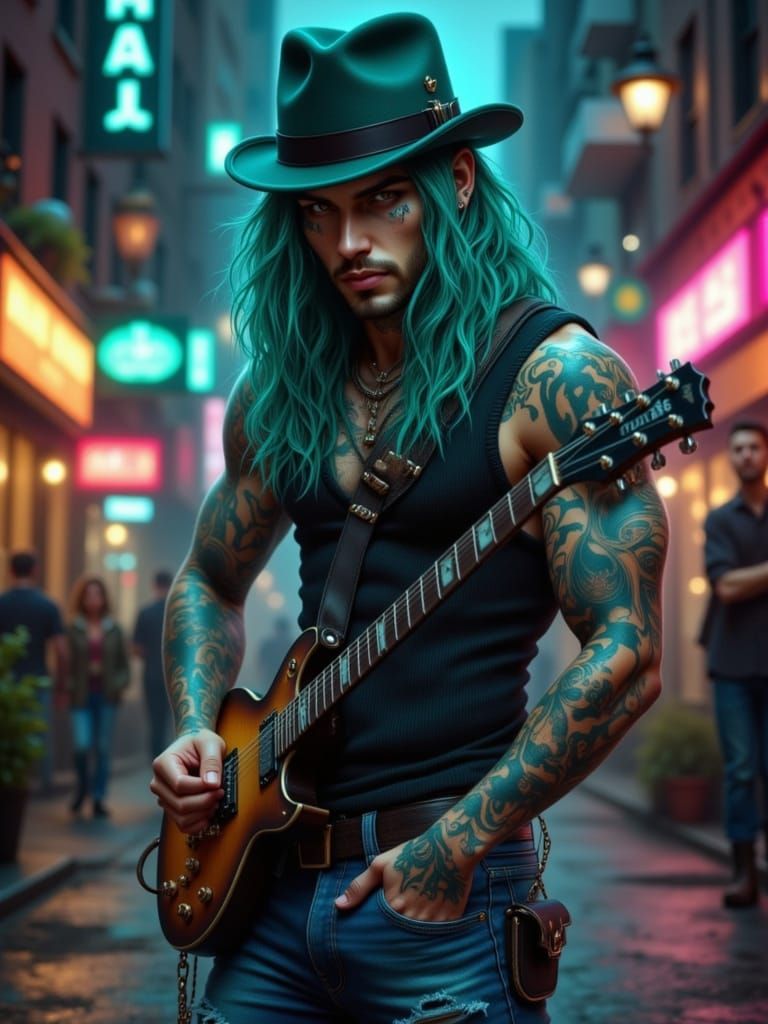 Androgynous Musician with Teal Hair in NYC