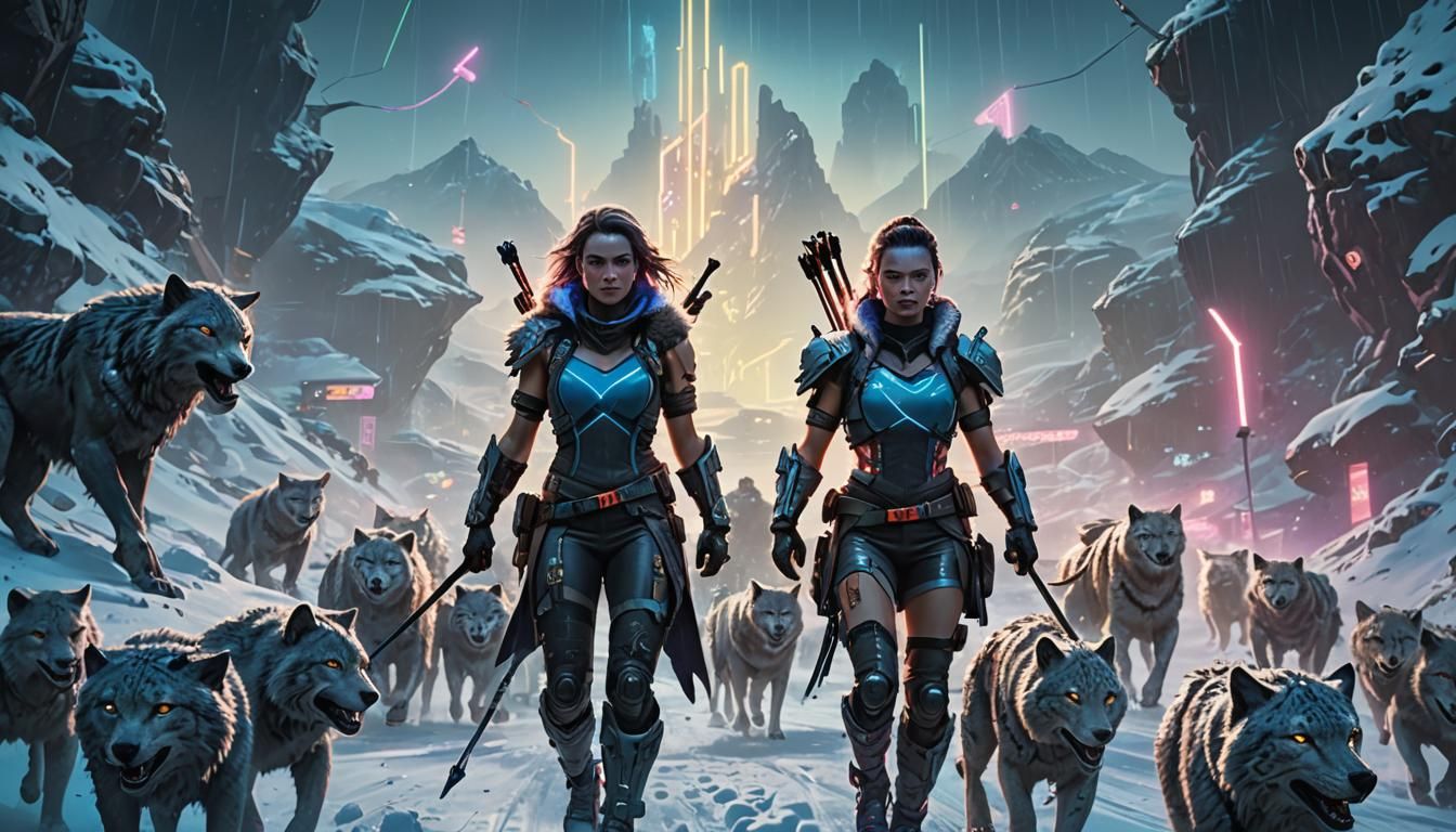 Cyberpunk Goddess Skadi Skis Down Neon-Lit Mountain