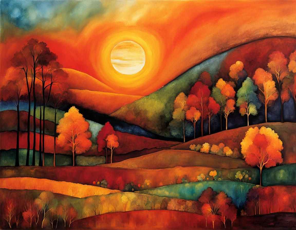 Enchanted Magical Autumn Sunset as Alcohol Ink Art