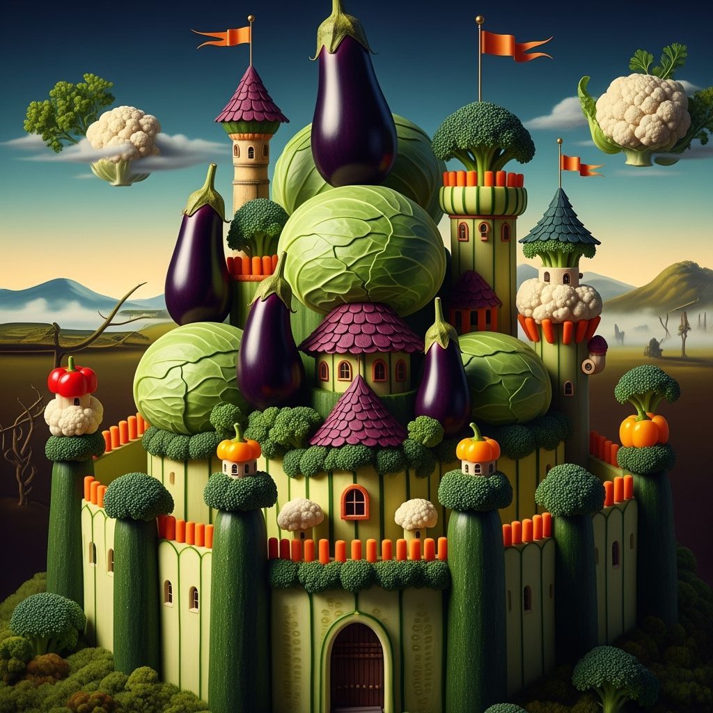 Vibrant Vegetable Castle in Surrealist Style