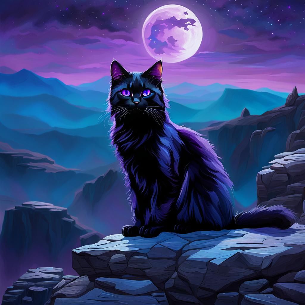 Mystical Black Cat with Purple Eyes at Dusk