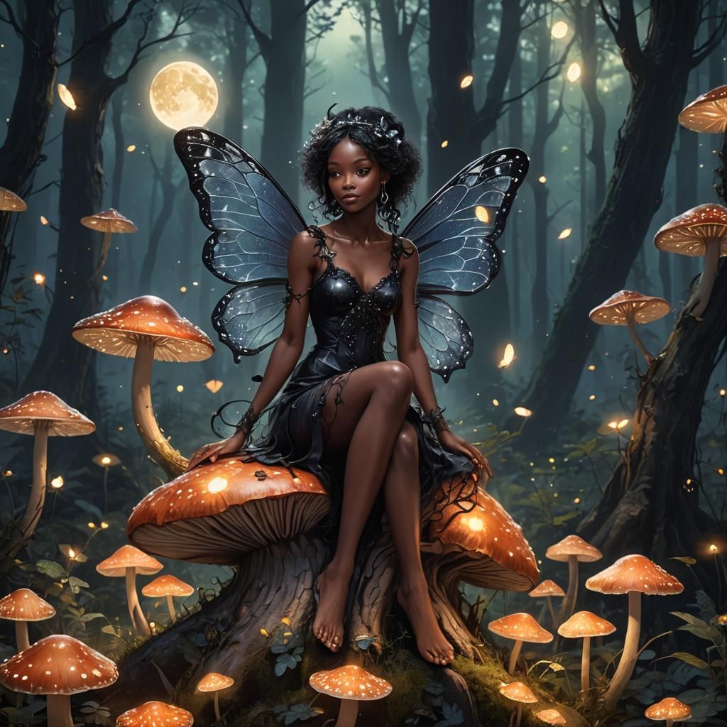Mythical Black fairy sitting on a mushroom in a moonlit fore...
