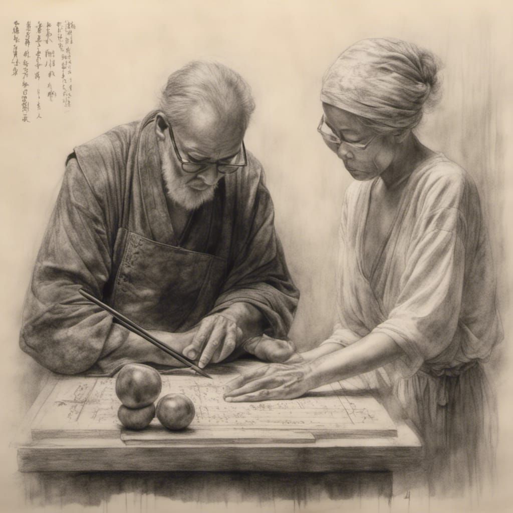 Charcoal drawing of Master Teaching Student
<lora:Cornucopia:1.0>