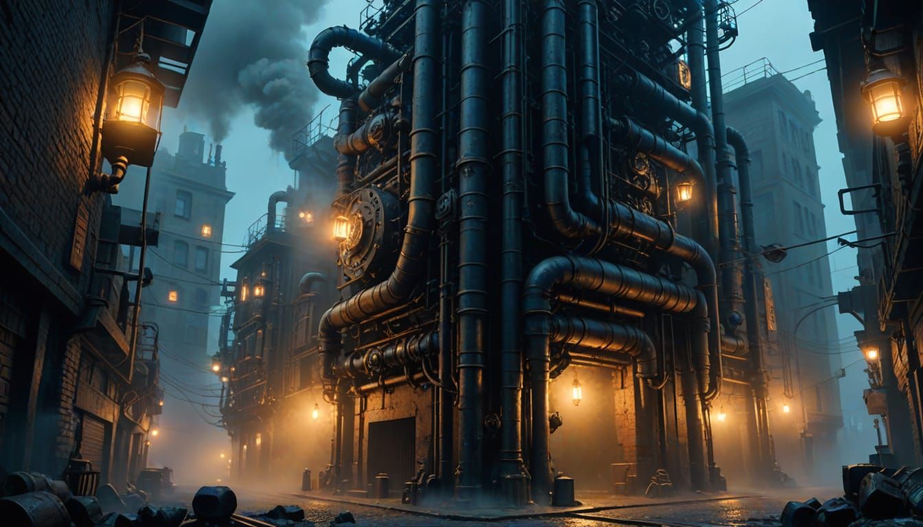 Dieselpunk Signs in Dark City with Golden Lighting