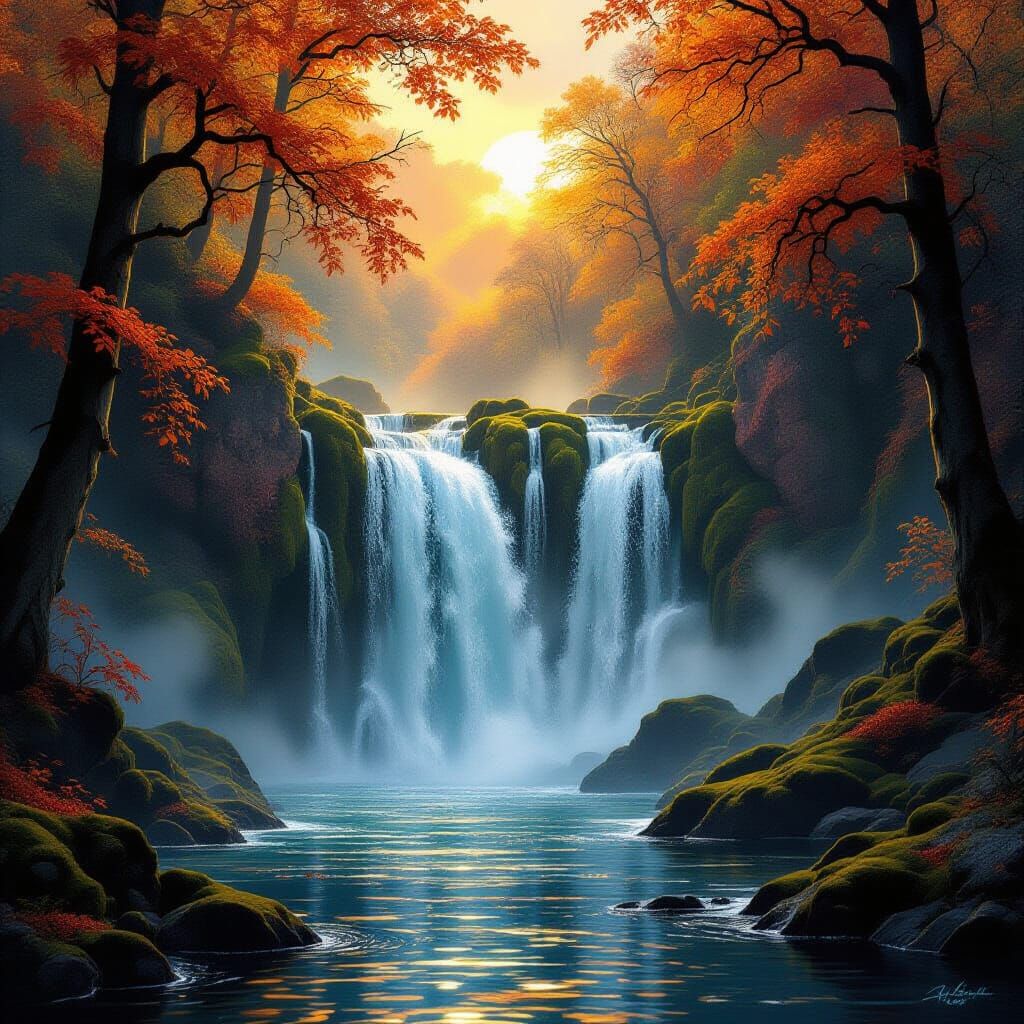 Majestic Autumn Waterfall in Dark Fantasy Style