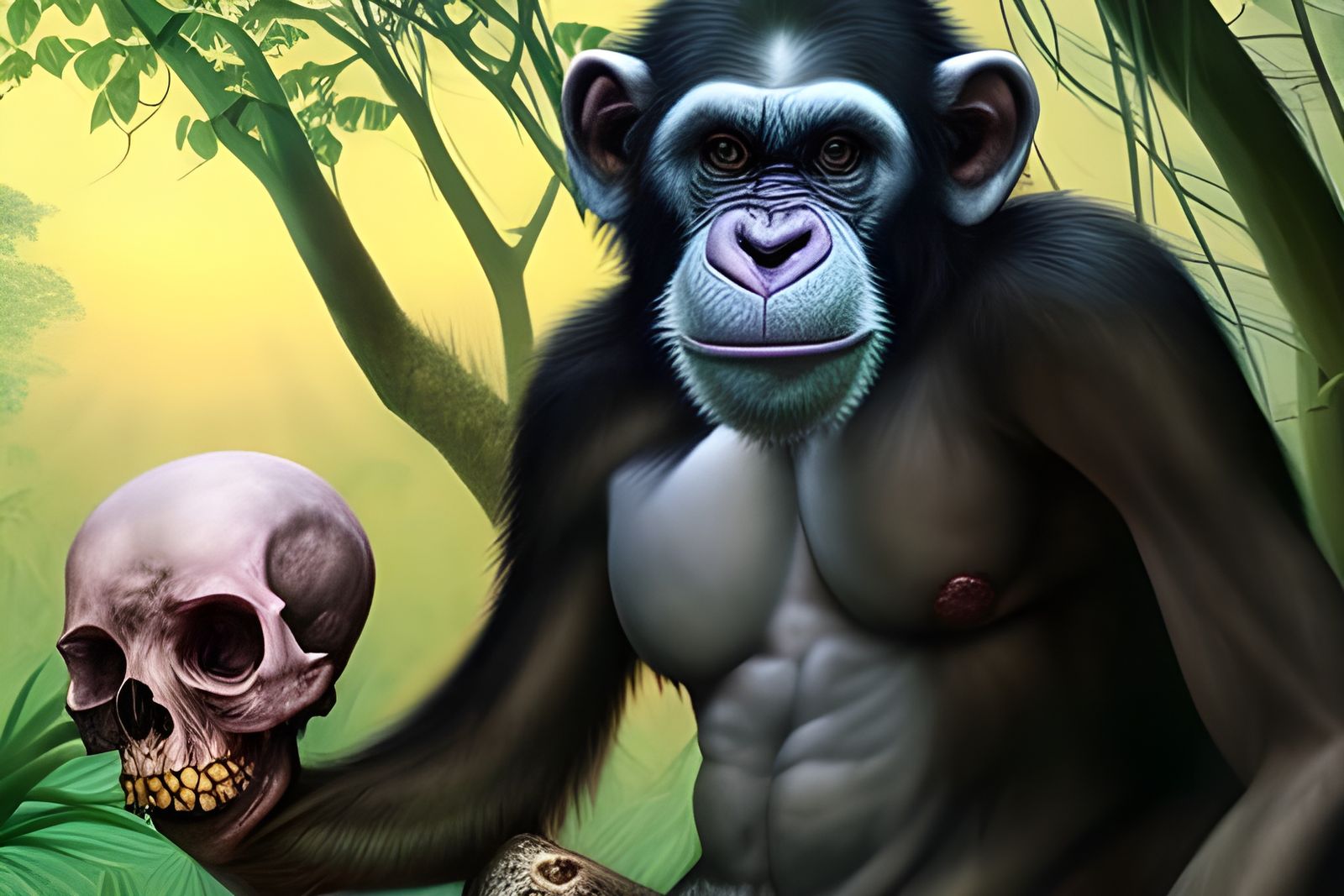 Chimpanzee with Skull in Detailed Jungle Setting