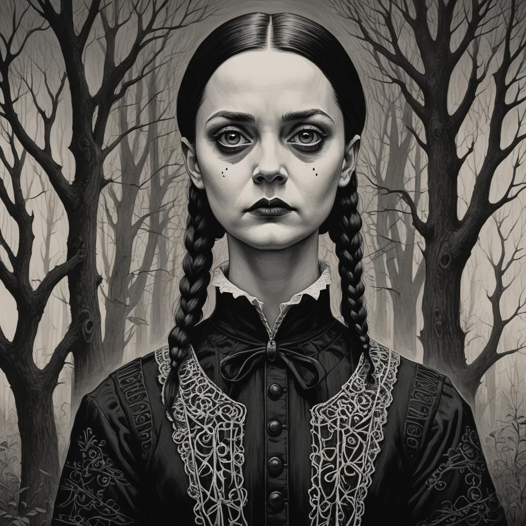 Wednesday Addams Portrait in Gothic Revival Style
