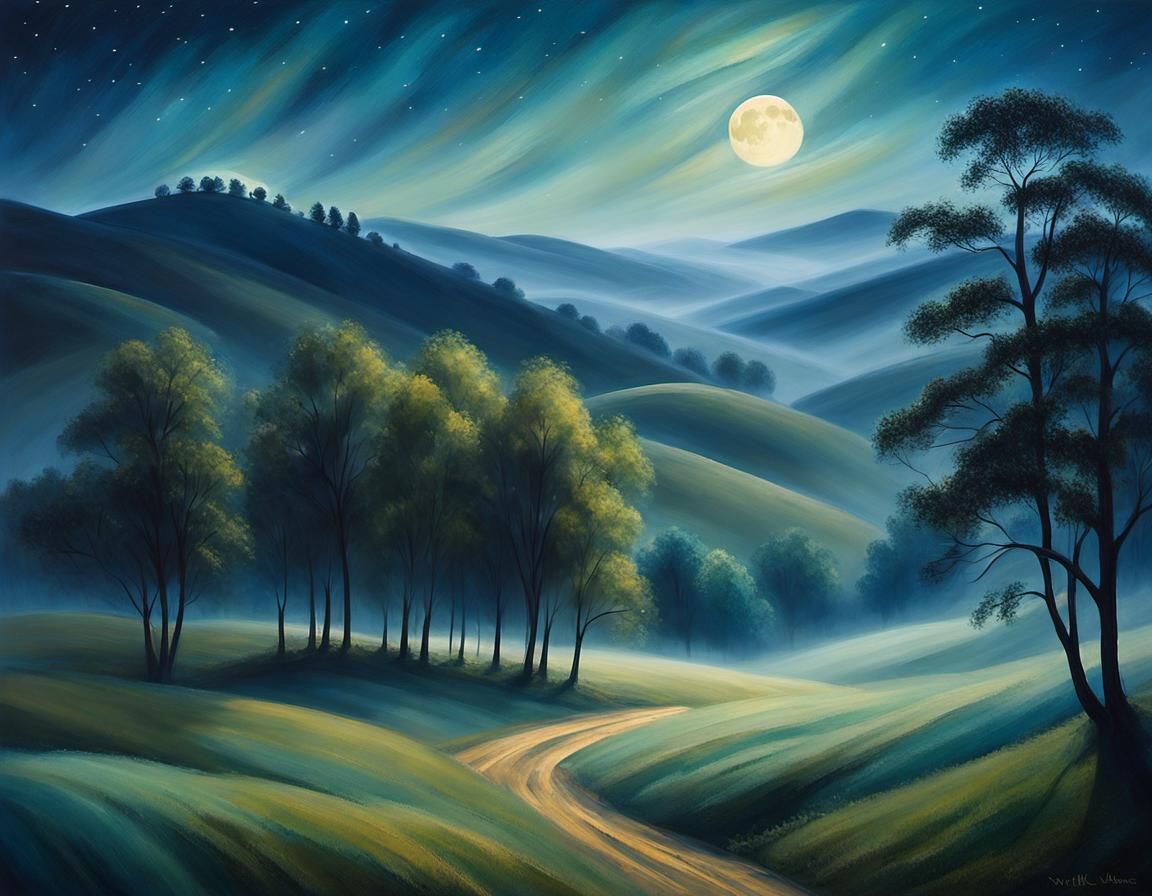 Dreamy Moonlit Landscape in Romantic Impressionism