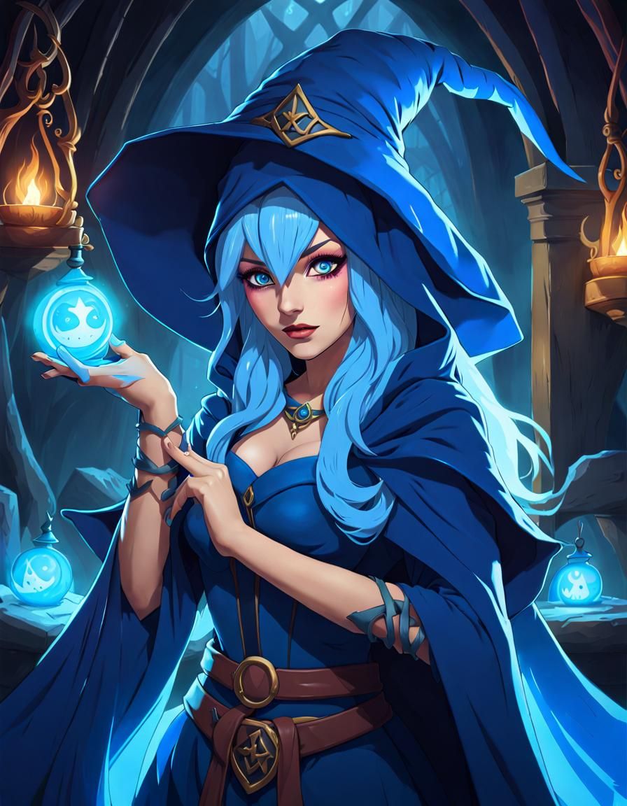 Ethereal Blue Sorceress Enchants Dark Realm