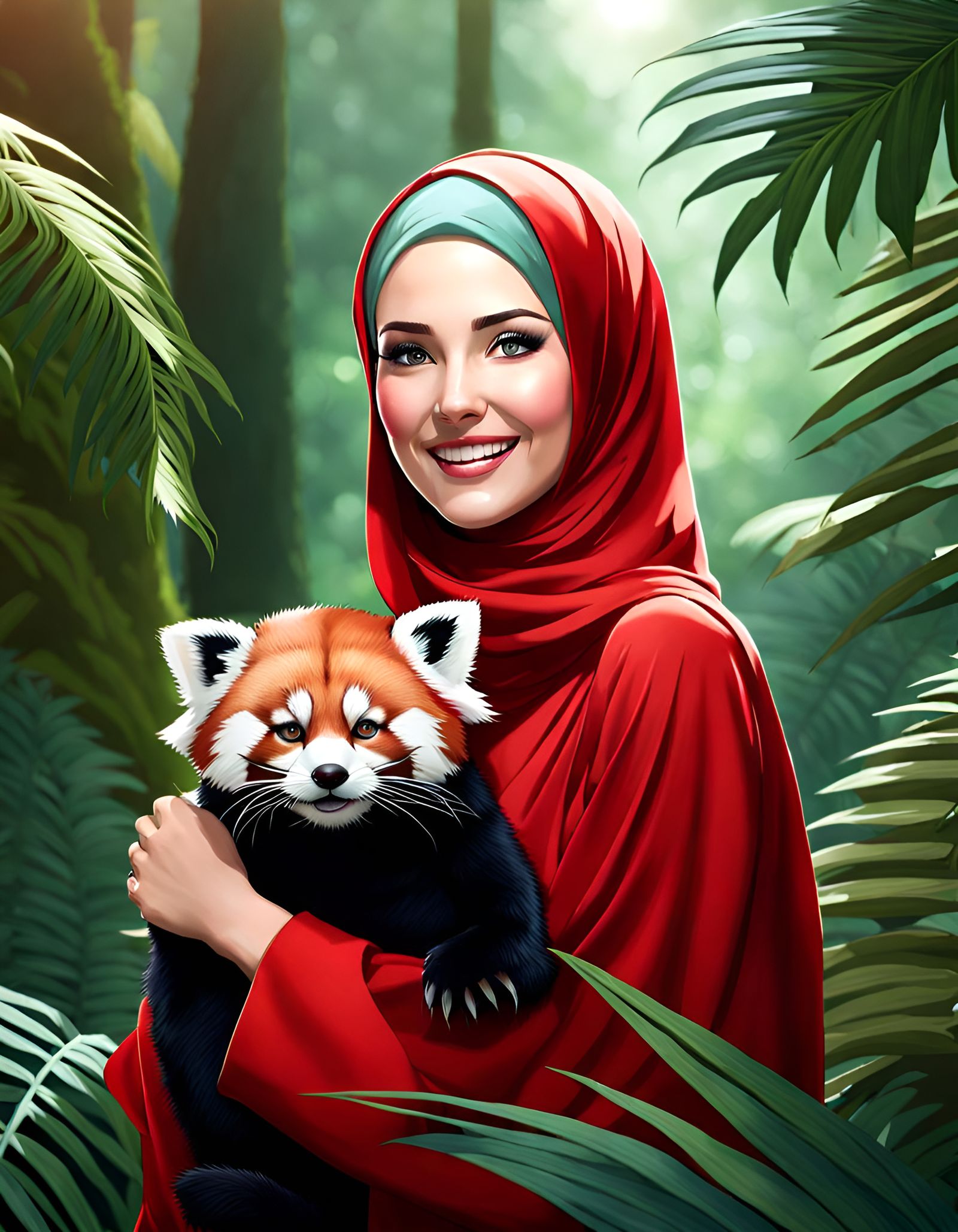 Woman and Red Panda in Tropical Forest