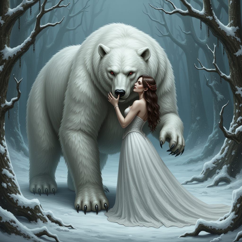 Gothic Oil Painting: Woman Hugs White Bear in Snowy Dreamsca...