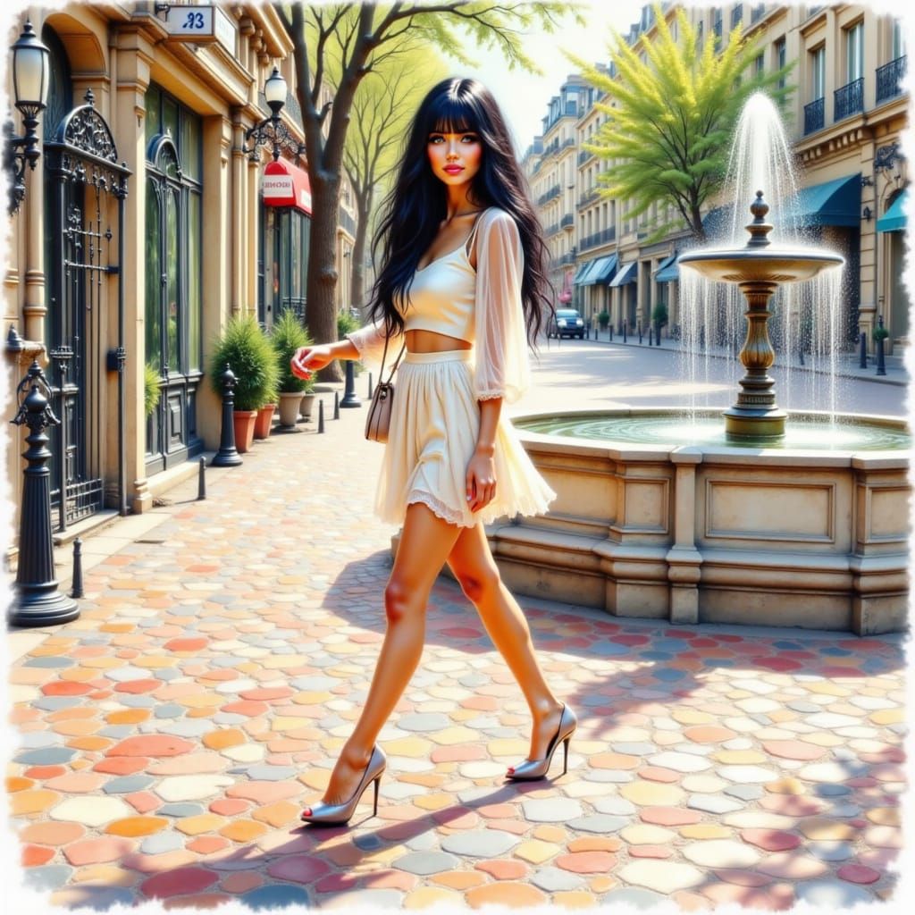 Elegant Woman in Paris Streets Watercolor Style